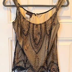 Marina Black & Gold Beaded Art Deco Sheer Mesh Top M